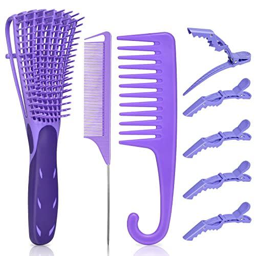 38) EZ Detangler Brush Set, MORGLES Detangling Hair Brush for Black Natural Hair Wide Tooth Comb with Rat Tail Comb 5PCS Alligator Clips for Men Women Kids(Purple)