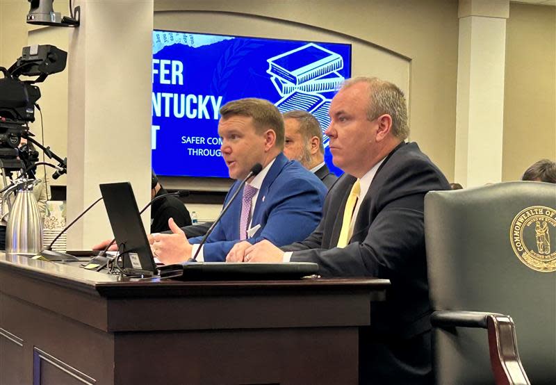 Kentucky Rep. Jared Bauman (R-Louisville, center) speaks alongside Rep. Jason Nemes (R-Louisville) at a General Assembly committee meeting over House Bill 5. Jan. 18, 2024