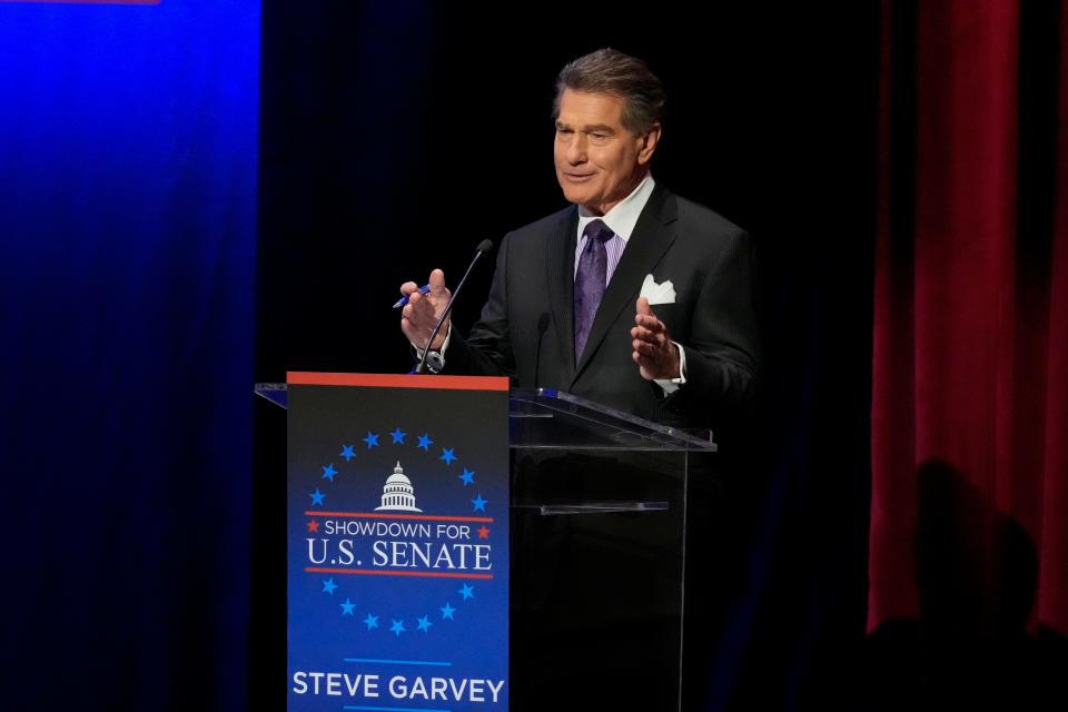 Former baseball player Steve Garvey speaks during a televised debate for candidates in the senate race to succeed the late California Sen. Dianne Feinstein, Monday, Jan. 22, 2024, in Los Angeles.