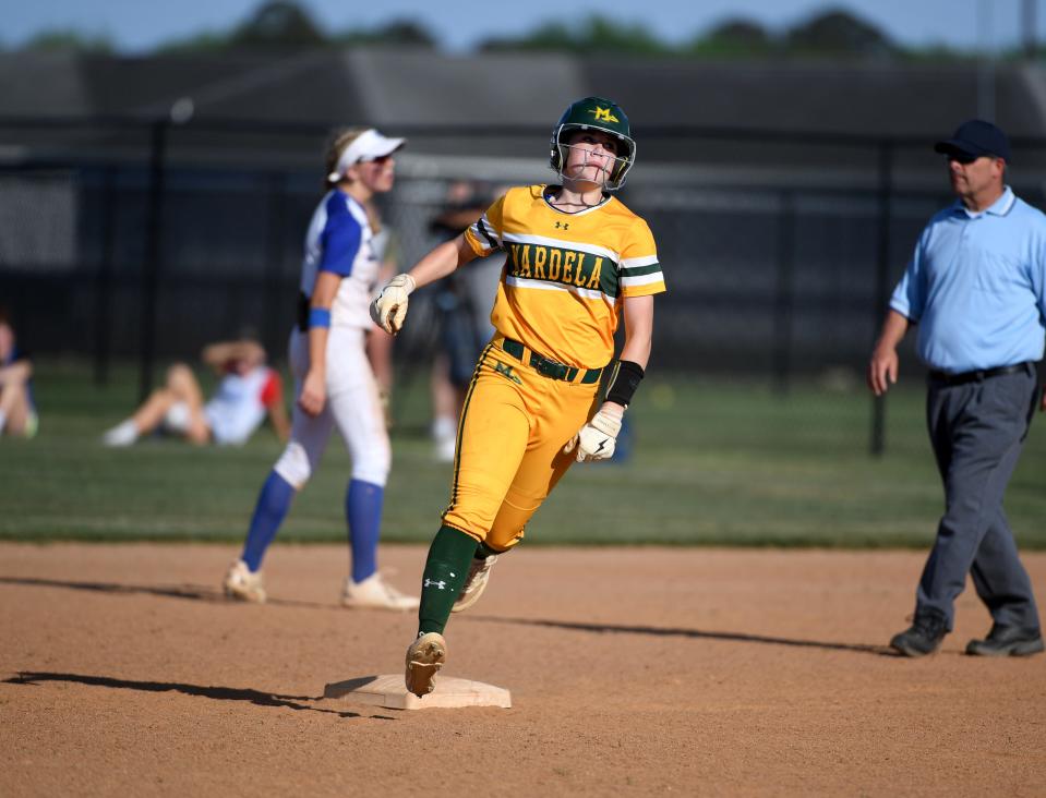Mardela's Camryn Dorr (17) rounds second after hitting a three-run homerun against Decatur Thursday, May 2, 2024, in Berlin. Mardela defeated Decatur 7-3.