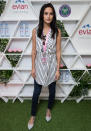<p>The ‘Made In Chelsea’ star cropped up at the Evian Live Young suite, dressed down in a pair of skinny jeans and a longline striped top.<i> [Photo: Rex]</i></p>