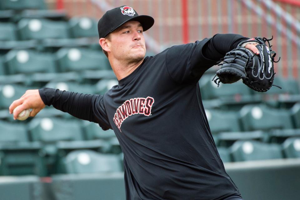 Erie SeaWolves catcher Dillon Dingler throws the ball during the team's workout held on April 6, 2022, at UPMC Park in Erie.