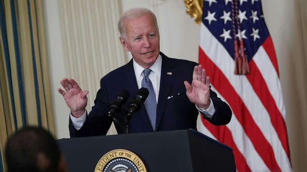 PHOTO: President Joe Biden speaks during a signing ceremony for H.R. 5376, the Inflation Reduction Act of 2022, in the State Dining Room of the White House, Aug. 16, 2022. (Mandel Ngan/AFP via Getty Images)