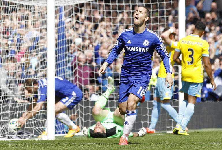 Eden Hazard celebrates after scoring Chelsdea's winner against Crystal Palace at Stamford Bridge on May 3, 2015