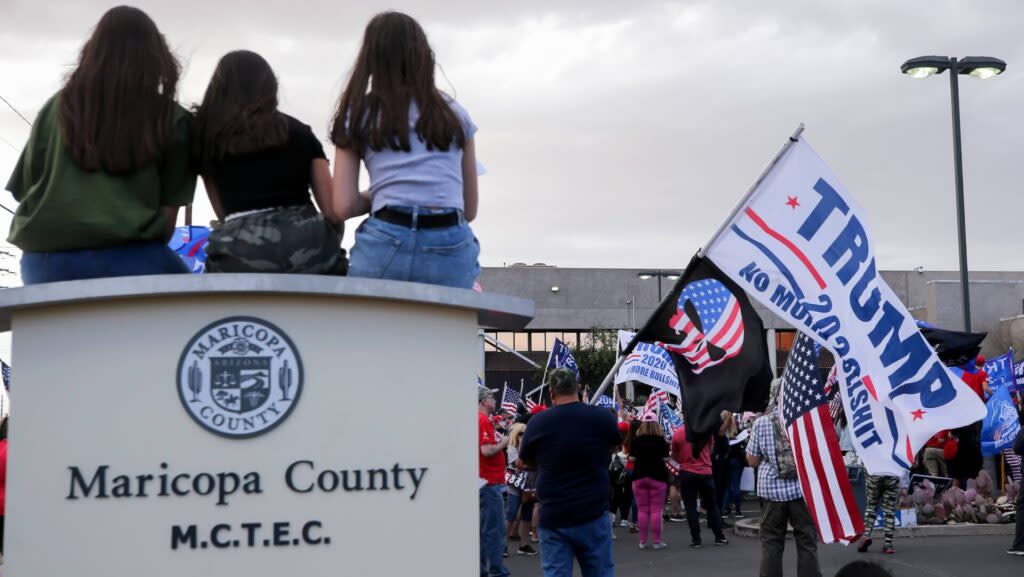 Supporters of President Donald Trump demonstrate at a “Stop the Steal” rally in front of the Maricopa County Elections Department office on Nov. 7, 2020.