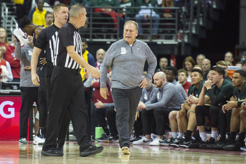 Jan 10, 2023; Madison, Wisconsin, USA; Michigan State Spartans head coach Tom Izzo talks to the referees during the first half against the Wisconsin Badgers at the Kohl Center. Mandatory Credit: Kayla Wolf-USA TODAY Sports