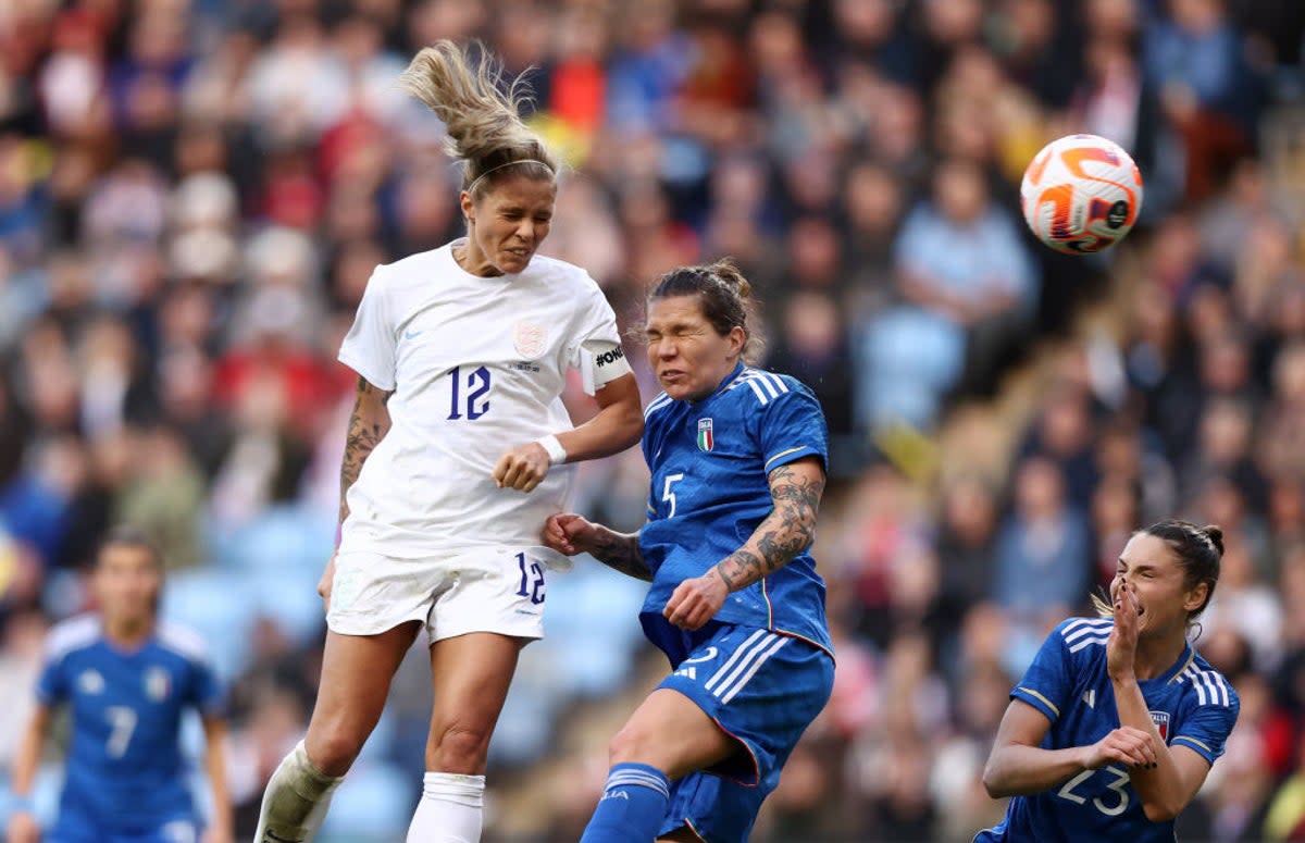 England’s Rachel Daly scores her second header of the match   (The FA via Getty Images)