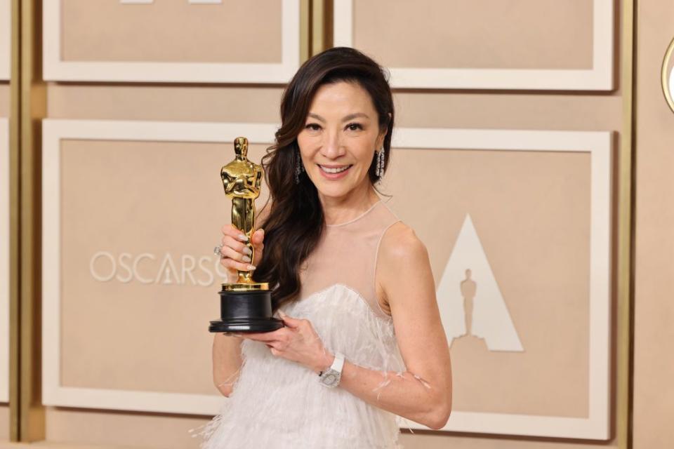 HOLLYWOOD, CALIFORNIA - MARCH 12: Michelle Yeoh, winner of the Best Actress in a Leading Role award for ‘Everything Everywhere All at Once’ poses in the press room during the 95th Annual Academy Awards at Ovation Hollywood on March 12, 2023 in Hollywood, California. (Photo by Rodin Eckenroth/Getty Images)