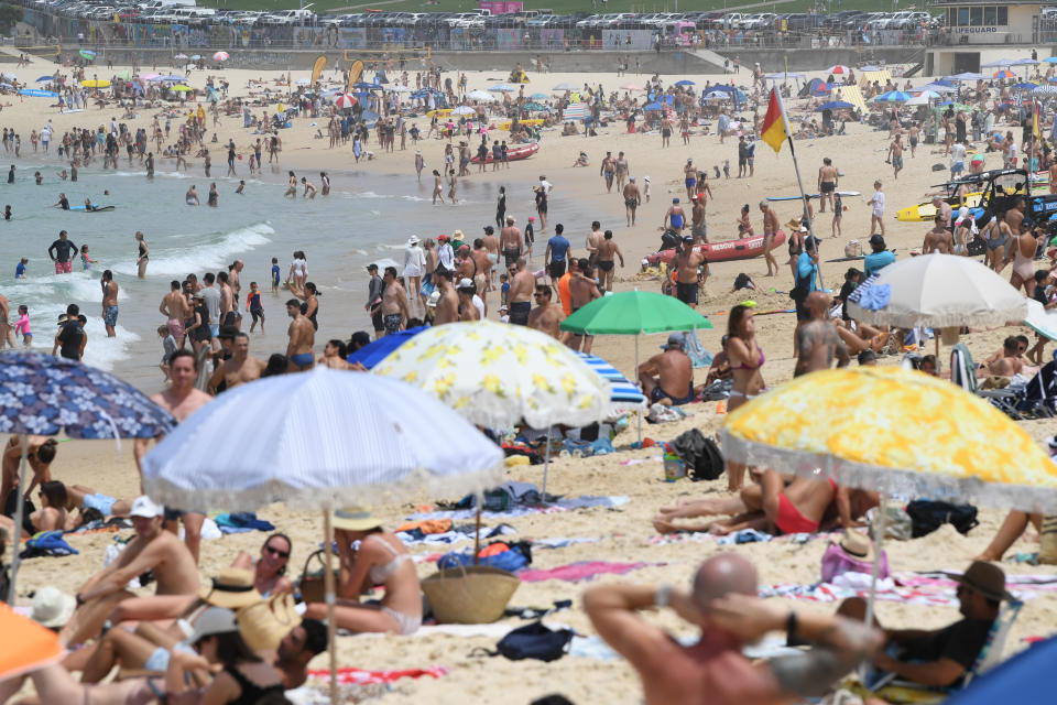 Crowds on the sand at Bondi Beach in Sydney.