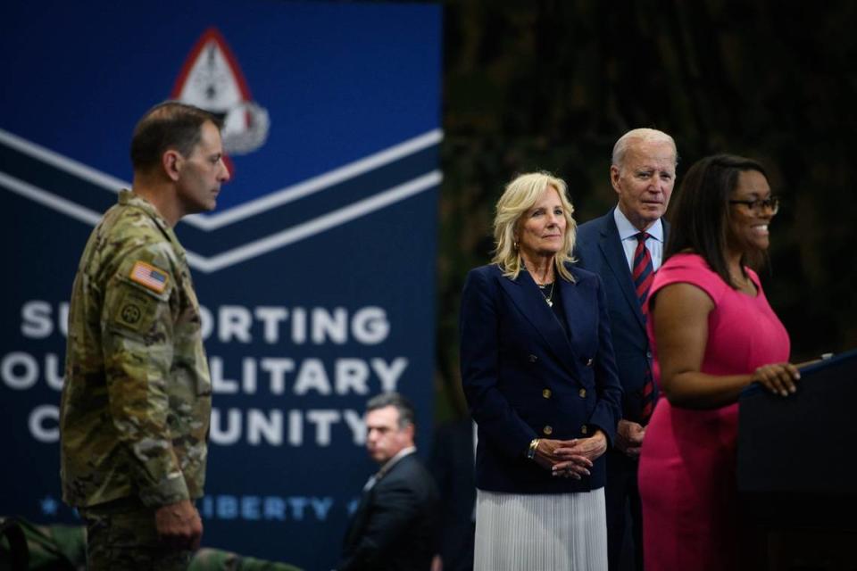 President Joe Biden and his wife, Jill Biden, listen to Tiffany Zoeller speak at Fort Liberty on Friday, June 9, 2023. President Joe Biden visited Fort Liberty and signed an executive order to support military-connected families. Andrew Craft/USA TODAY NETWORK