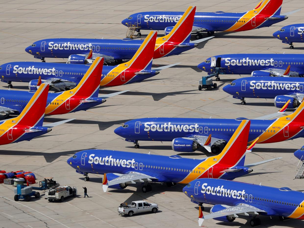 FILE PHOTO: A number of grounded Southwest Airlines Boeing 737 MAX 8 aircraft are shown parked at Victorville Airport in Victorville, California, U.S., March 26, 2019.  REUTERS/Mike Blake/File Photo