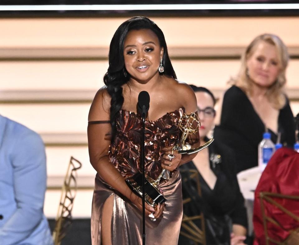 “Abbott Elementary” creator, writer, director and star Quinta Brunson, seen accepting an Emmy in 2022, has multiple nominations again this year. (Photo by Michael Buckner/Variety via Getty Images)