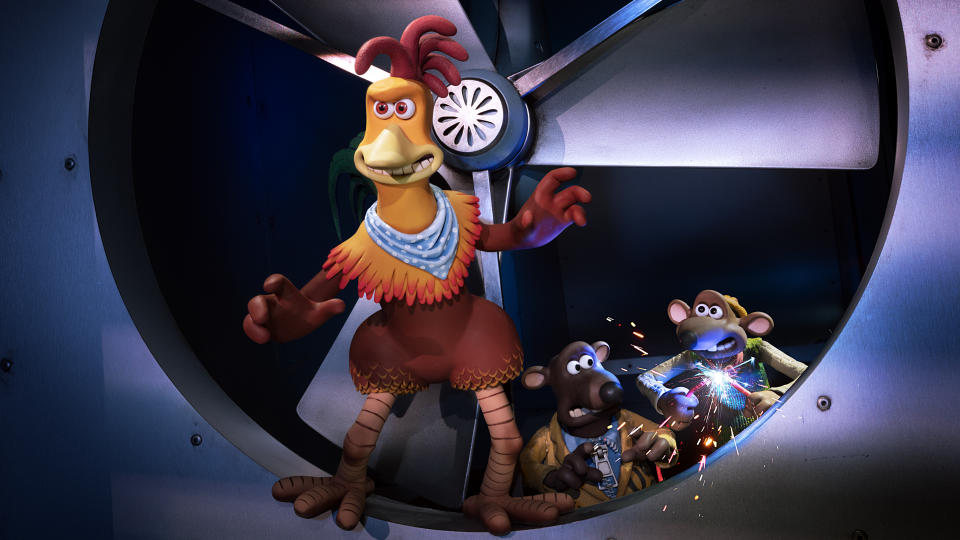 (L to R) Rocky (Zachary Levi), Nick (Romesh Ranganathan), Fetcher (Daniel Mays) in Chicken Run: Dawn of the Nugget coming to Netflix on 15th December. (Aardman/NETFLIX)
