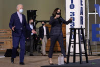 Democratic presidential candidate former Vice President Joe Biden and Democratic vice presidential candidate Sen. Kamala Harris, D-Calif., arrive the Carpenters Local Union 1912 in Phoenix, Thursday, Oct. 8, 2020, to kick off a small business bus tour. (AP Photo/Carolyn Kaster)