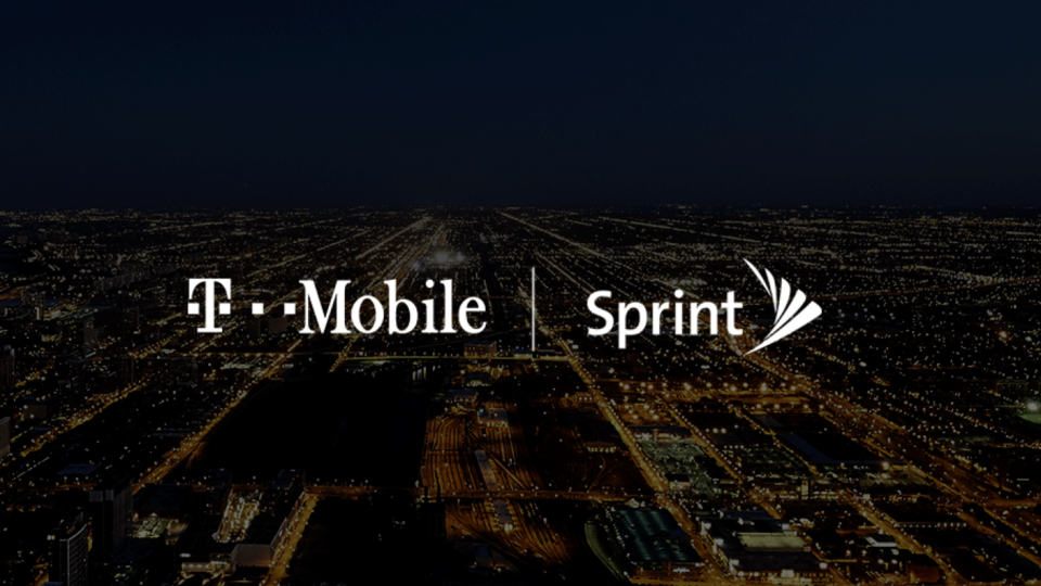 T-Mobile and Sprint logos on a darkened background.