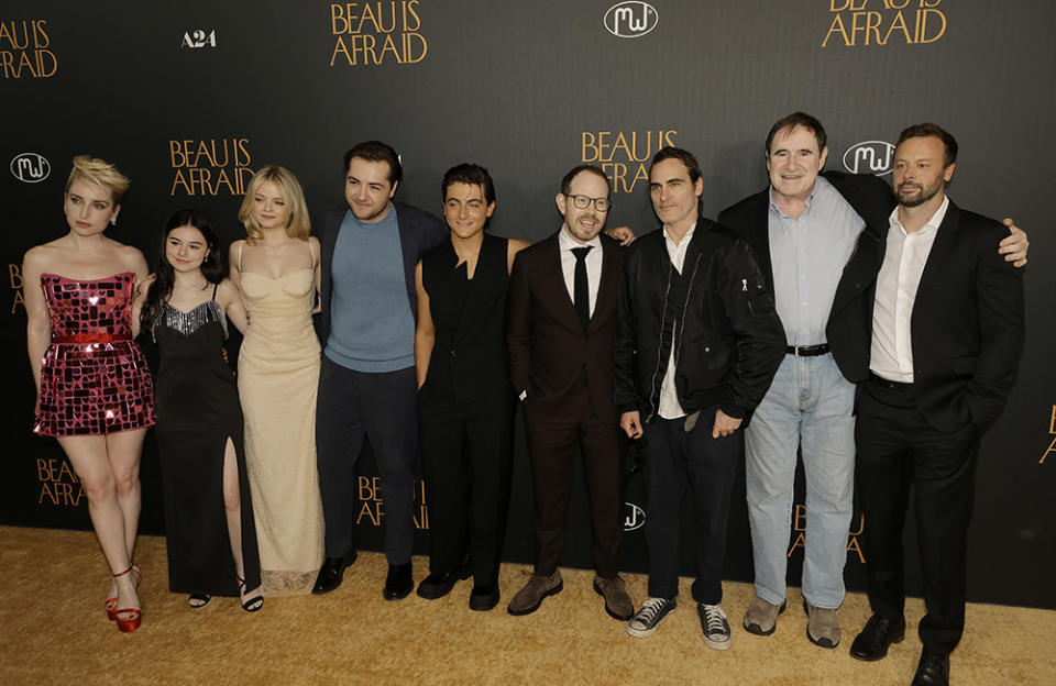 (L-R) Zoe Lister-Jones, Julia Antonelli, Kylie Roger, Michael Gandolfini, Armen Nahapetian, Ari Aster, Joaquin Phoenix, Richard Kind and Lars Knudsen attend the Los Angeles premiere of A24's "Beau Is Afraid" at the Directors Guild of America on April 10, 2023 in Los Angeles, California.