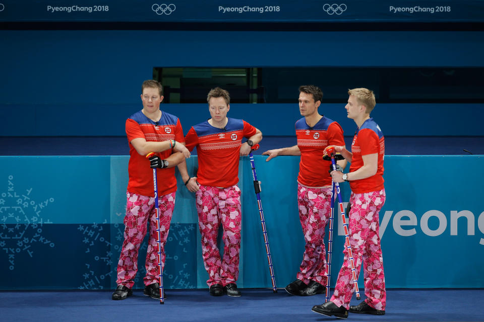 <p>Christoffer Svae, Torger Nergard, Thomas Ulsrud and Havard Vad Petersson of Norway compete in the Curling Men’s Round Robin Session 1 held at Gangneung Curling Centre on February 14, 2018 in Gangneung, South Korea. (Photo by Dean Mouhtaropoulos/Getty Images) </p>