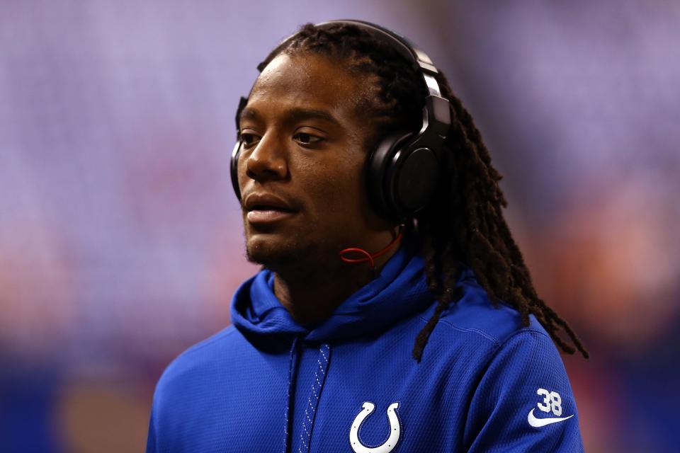 Indianapolis Colts free safety Sergio Brown (38) against the Cincinnati Bengals during the 2014 AFC Wild Card playoff football game at Lucas Oil Stadium.