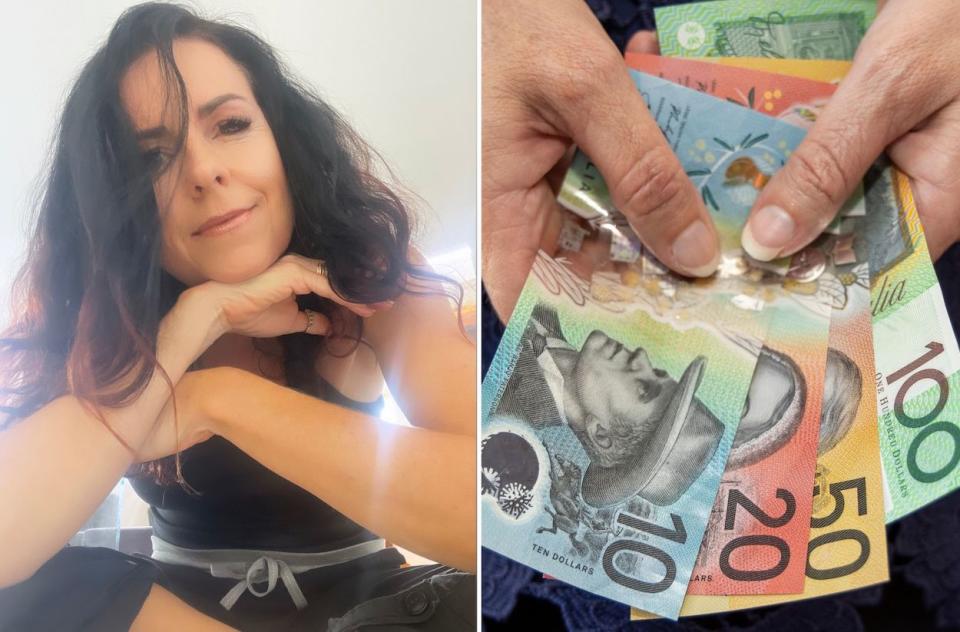 Compilation image of Nicole and hands fanning out Australian dollar notes to represent finances in a divorce