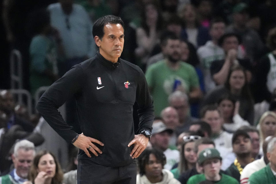Miami Heat head coach Erik Spoelstra stands on the sideline during the second half in Game 5 of the NBA basketball Eastern Conference finals against the Boston Celtics Thursday, May 25, 2023, in Boston. (AP Photo/Charles Krupa )