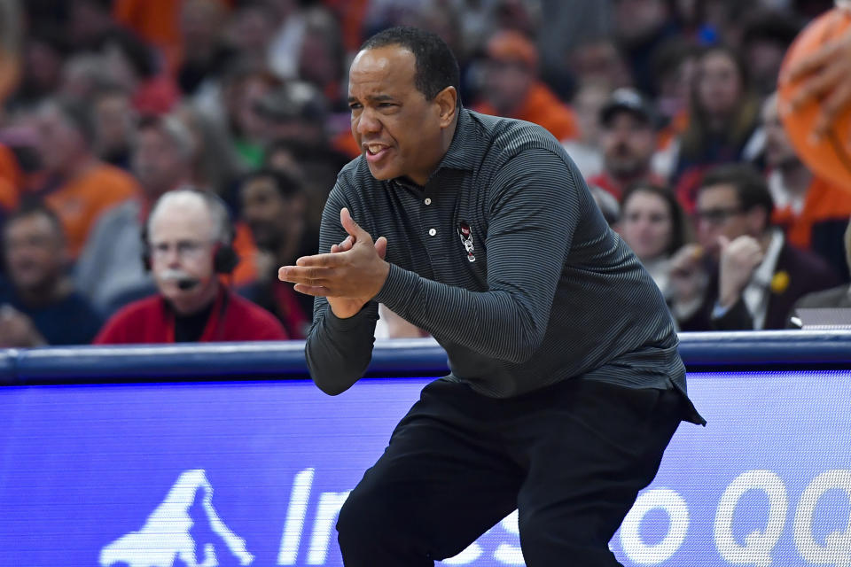 FILE - North Carolina State head coach Kevin Keatts reacts during the second half of an NCAA college basketball game against Syracuse in Syracuse, N.Y., Feb. 14, 2023. The North Carolina State Wolfpack will try to return to the NCAA Tournament for the second straight season. (AP Photo/Adrian Kraus, File)