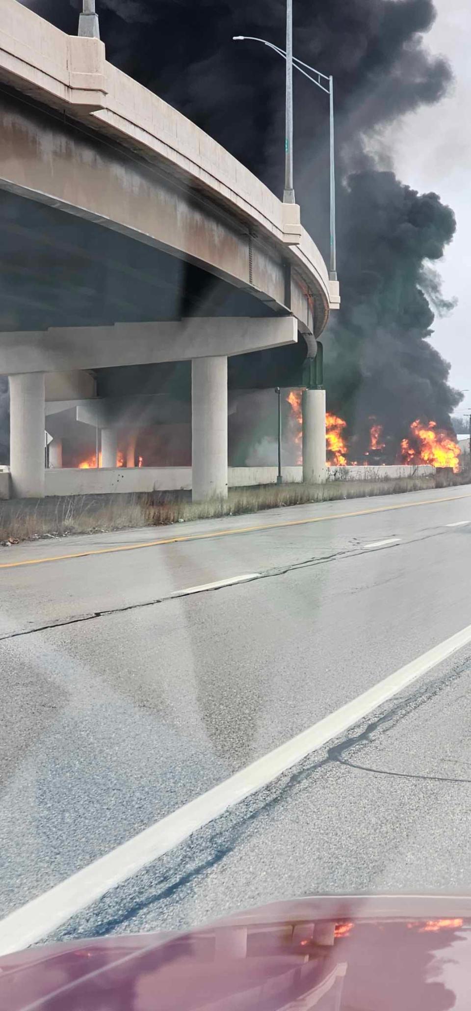 A tanker flipped and caught fire on state Route 8 Saturday morning in Macedonia. This photo from a driver shows the truck on fire before emergency responses arrived.