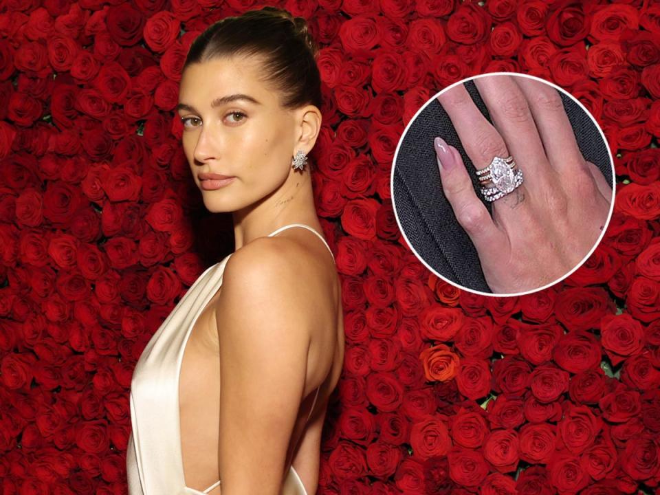 Hailey Bieber and a close-up shot of her engagement ring.