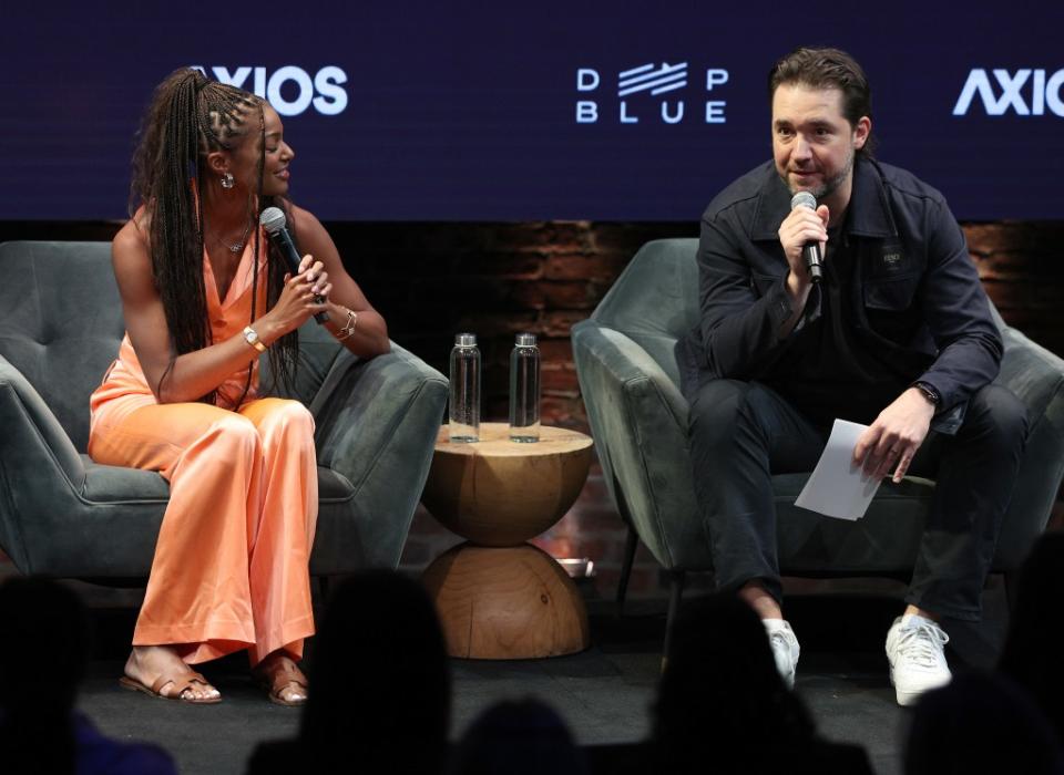 NEW YORK, NEW YORK - APRIL 23: Olympic Sprinter Gabby Thomas speaks during a conversation with Alexis Ohanian, Principal Owner, Angel City Football Club & Los Angeles Golf Club, during the Business of Women Sport Summit presented by Deep Blue Sports and Axios at Chelsea Factory on April 23, 2024 in New York City. (Photo by Elsa/Getty Images)