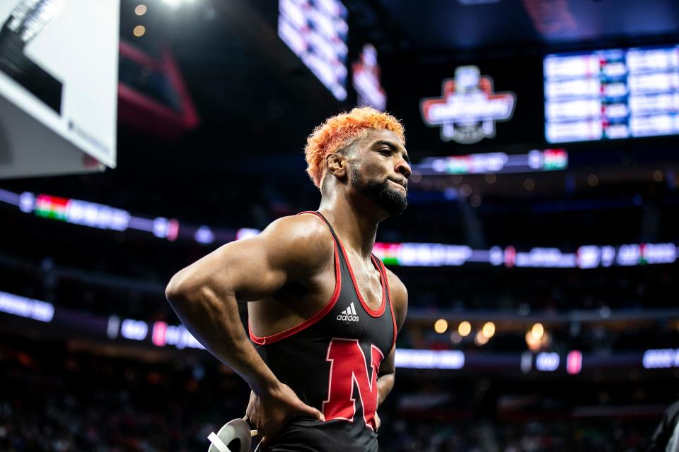 Nebraska's Chad Red reacts after losing a match at 141 pounds during the second session of the NCAA Division I Wrestling Championships, Thursday, March 17, 2022, at Little Caesars Arena in Detroit, Mich.