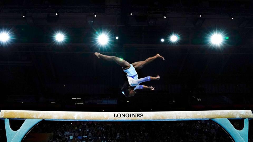 PHOTO: Simone Biles landed her signature double-double dismount from the beam at FIG Artistic Gymnastics World Championships at the Hanns-Martin-Schleyer-Halle in Stuttgart, Germany on Oct. 5, 2019, which was then named the 'Biles.' (Lionel Bonaventure/AFP via Getty Images)