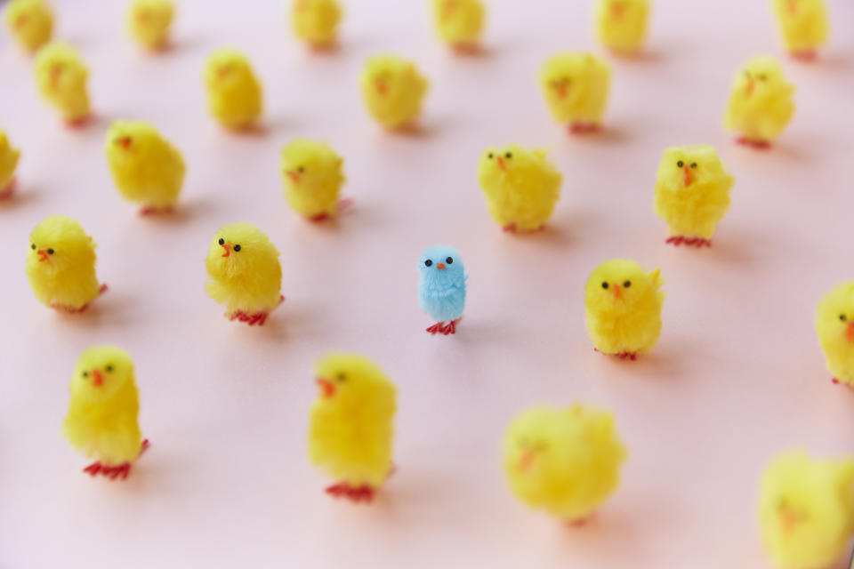 Easter chickens standing in rows with odd one out on pink background. Taking care of your mental health is important, so don't feel pressured to attend stressful events. (Getty)