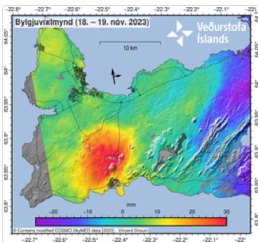 Iceland's Met Office said: “The broad uplift signal visible in orange/red around Svartsengi is indicative of a deep inflation (>5 km) taking place” (Icelandic Met Office)