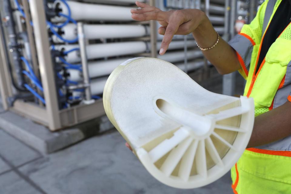 Rupam Soni shows a cutaway of a piece of a reverse-osmosis water treatment system.