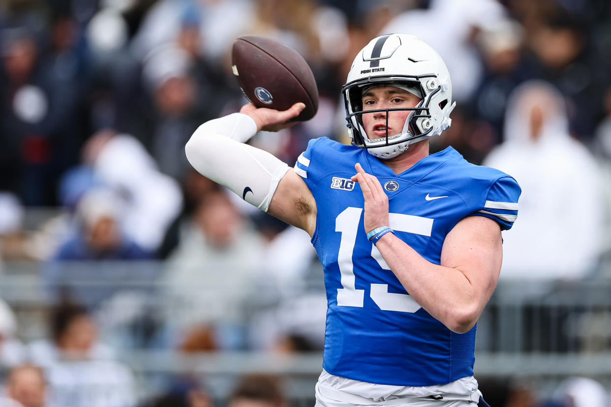 STATE COLLEGE, PA - APRIL 13: Drew Allar #15 attempts a pass before the Penn State Spring Football Game at Beaver Stadium on April 13, 2024 in State College, Pennsylvania. (Photo by Scott Taetsch/Getty Images)