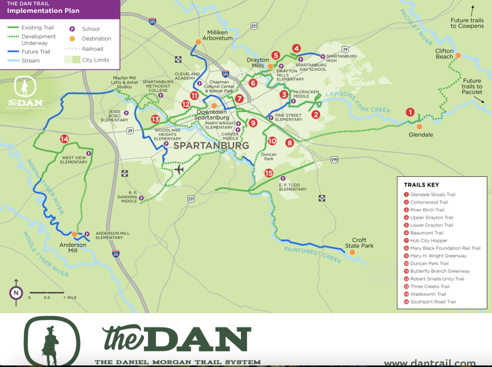 Map of the Daniel Morgan Trail System with existing and planned trails and connections.