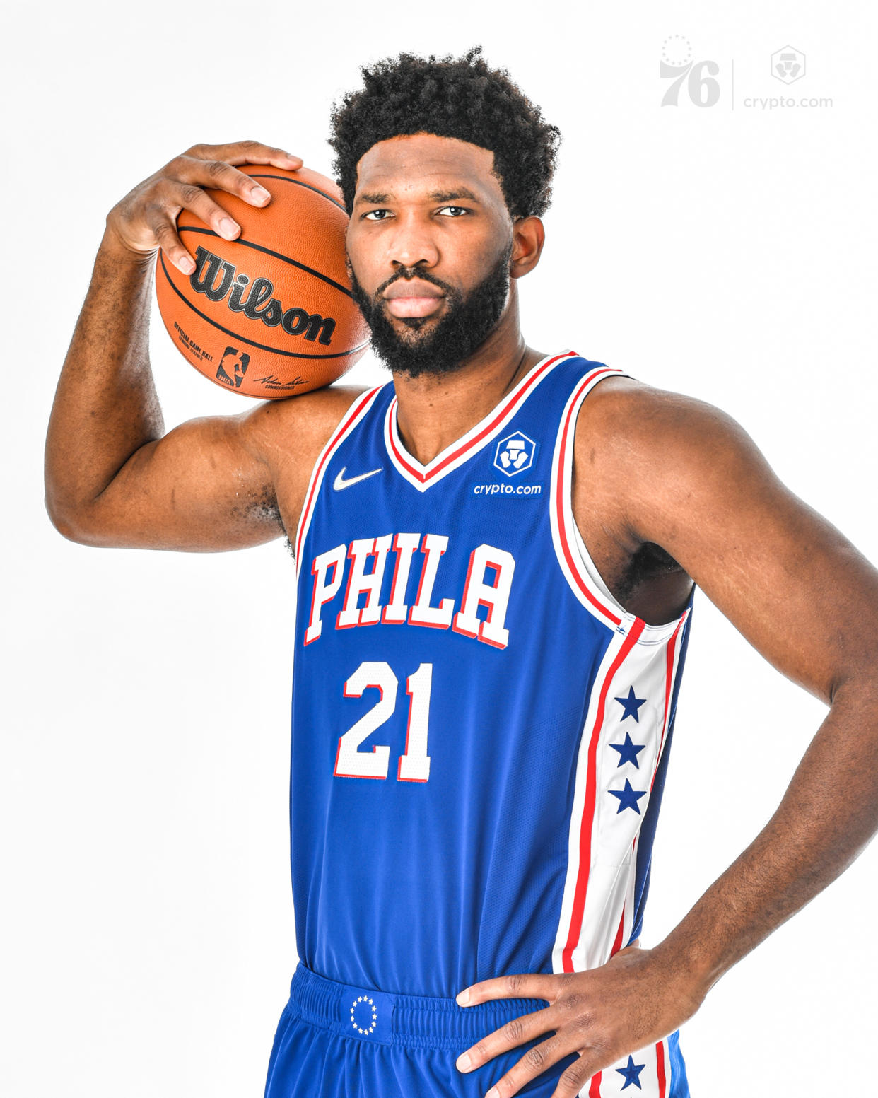 Joel Embid of the Philadelphia 76ers models the new Crypto.com patch. (Courtesy of the 76ers)