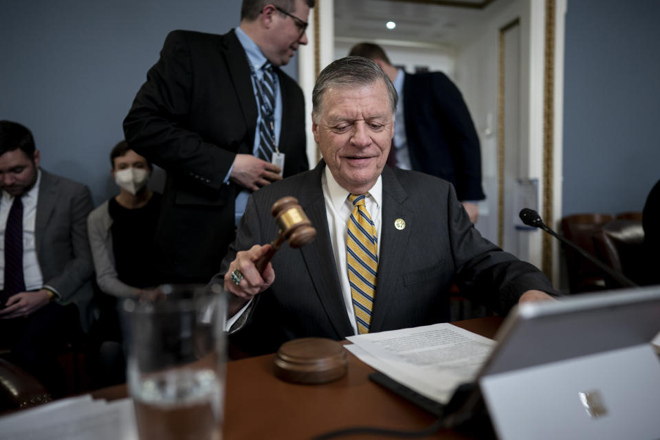FILE - House Rules Committee Chairman Tom Cole, R-Okla., gavels in a meeting as Republicans advance the "Parents Bill of Rights Act," at the Capitol in Washington, Wednesday, March 22, 2023. (AP Photo/J. Scott Applewhite, File)