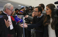 Rob Meijer, lawyer for the Crimean museums reacts after the verdict in a Dutch appeals court in Amsterdam, Tuesday Oct. 26, 2021, on ownership of a trove of Crimean historical artifacts that were loaned to an Amsterdam museum shortly before Russia annexed the region. A lower court ruled in 2016 that the treasures should be handed to the Ukrainian government. (AP Photo/Peter Dejong)