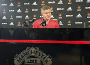 Manchester United interim manager Ole Gunnar Solskjaer attends a press conference at Carrington Training Ground, Manchester, England Friday Dec. 21, 2018 ahead of his first match in charge away to Cardiff on Saturday. (Simon Peach/PA via AP)