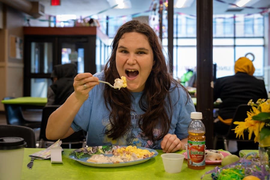 A guest eating an Easter shelter meal at the Union Gospel Mission in Portland on Mar. 31, 2024. (Courtesy: Union Gospel Mission)