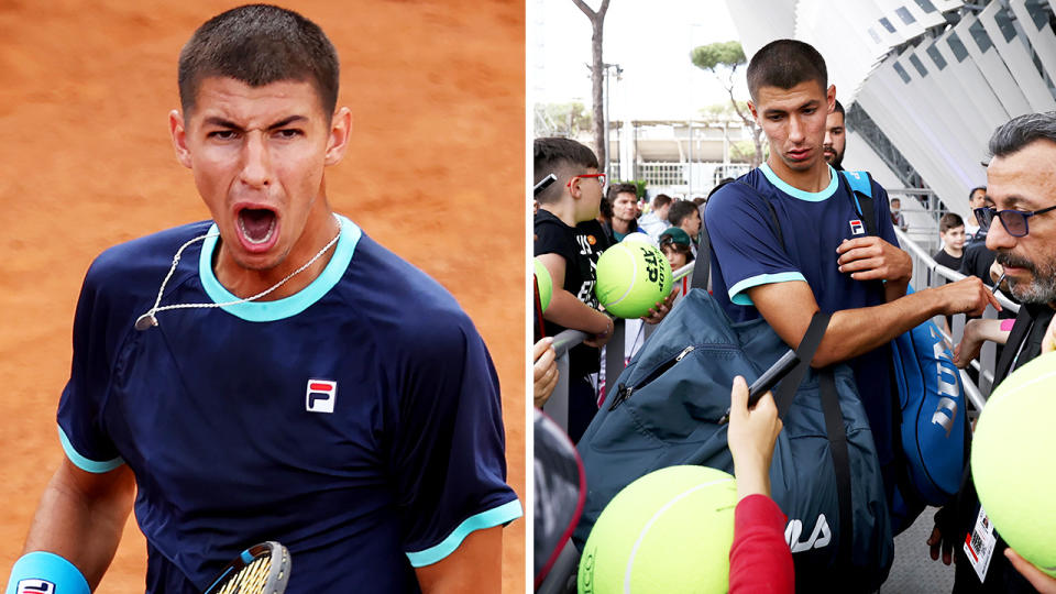 Alexei Popyrin celebrates a win in Rome and Popyrin signs autographs.