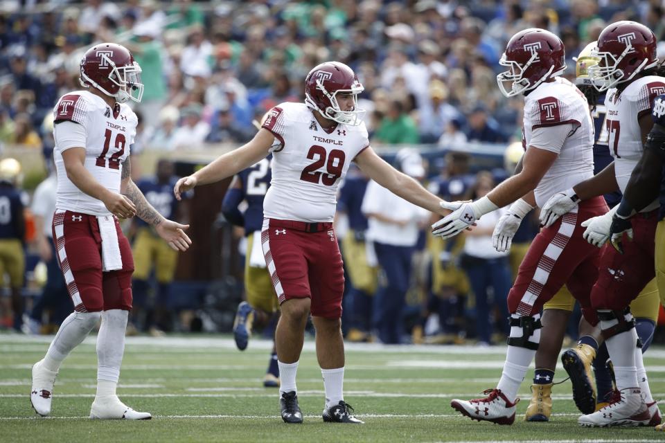 SOUTH BEND, IN – SEPTEMBER 02: Austin Jones #29 of the Temple Owls celebrates after a 36-yard field goal against the Notre Dame Fighting Irish in the first quarter of a game at Notre Dame Stadium on September 2, 2017 in South Bend, Indiana. (Photo by Joe Robbins/Getty Images)