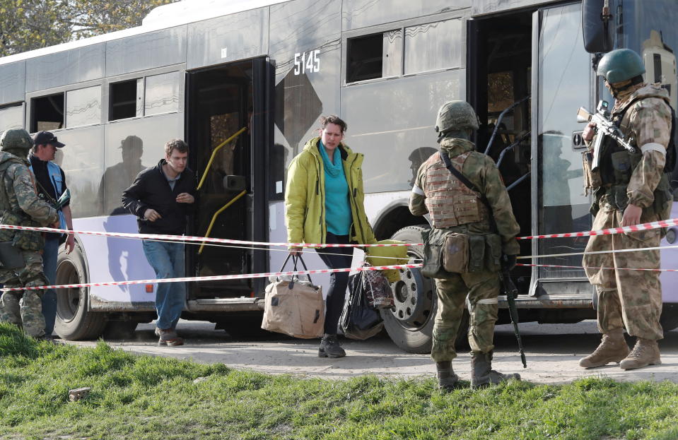 Azovstal steel plant employee Natalia Usmanova, 37, who was evacuated from Mariupol, arrives at a temporary accommodation centre during Ukraine-Russia conflict in the village of Bezimenne in the Donetsk Region, Ukraine May 1, 2022. REUTERS/Alexander Ermochenko