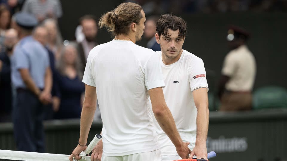Fritz and Zverev had a long exchange at the net following the five-set thriller. - Susan Mullane/USA TODAY Sports/Reuters