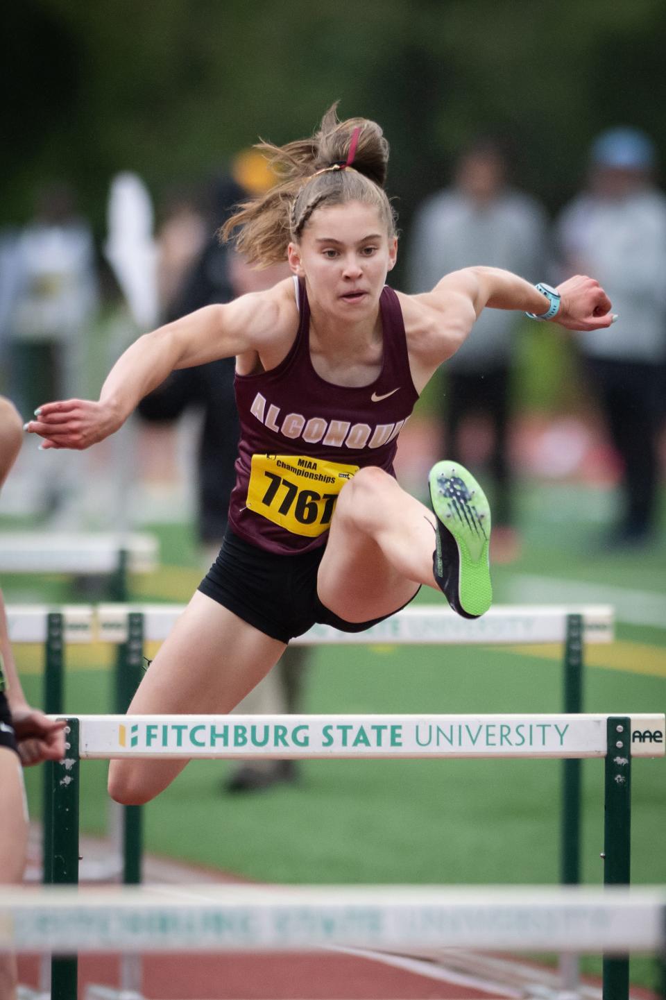 Algonquin junior Olivia LaBelle competes in the 100m hurdles during the MIAA Meet of Champions on Saturday June 03, 2023 at Fitchburg State University.