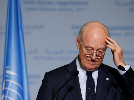 United Nations Special Envoy of the Secretary-General for Syria Staffan de Mistura attends a news conference after meetings during the Intra Syria talks at the European headquarters of the United Nations in Geneva, Switzerland March 24, 2017. REUTERS/Denis Balibouse