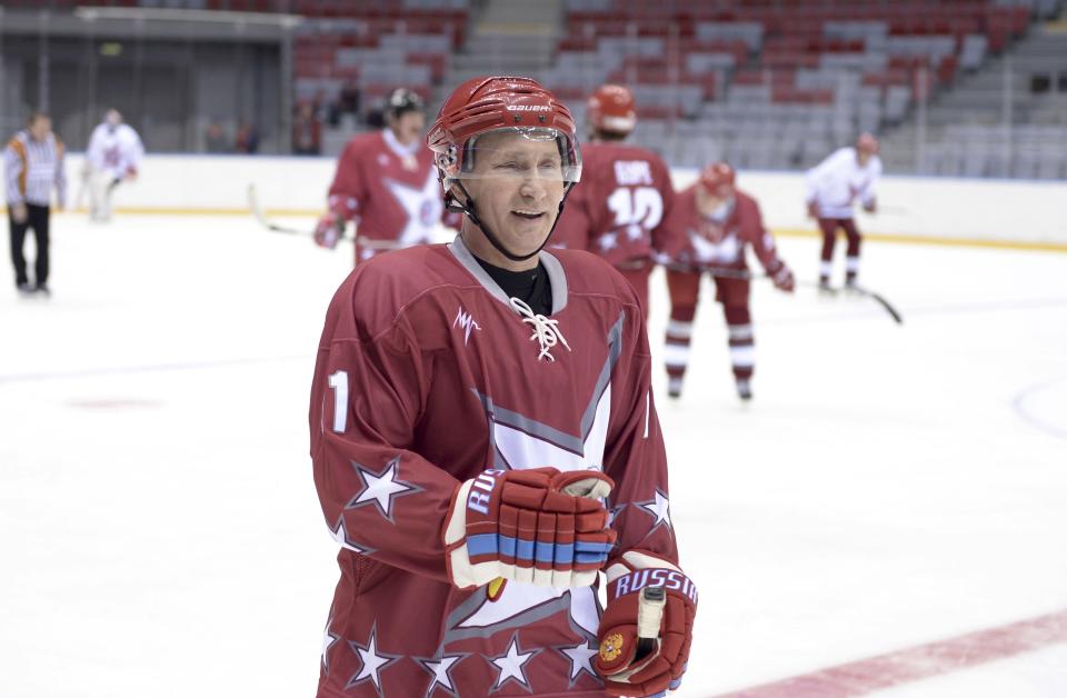 Russian President Putin takes part in a friendly ice hockey match in the Bolshoi Ice Palace near Sochi