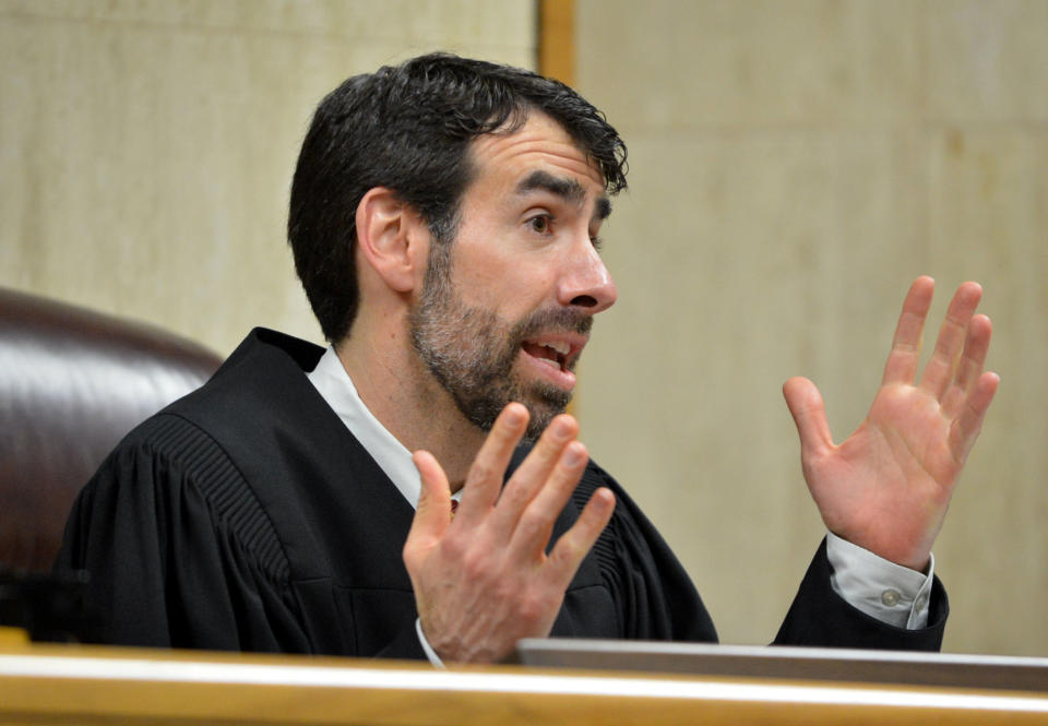 Fulton County Superior Court Judge Robert McBurney presides over a hearing as attorneys for Bernice King and the Estate of Dr. Martin Luther King Jr. Inc., appear in Fulton County Superior Court on Wednesday, Feb. 19, 2014, in Atlanta. Kings' daughter Bernice is in a legal battle with her brothers Martin Luther III and Dexter over their father's personal Bible and his Nobel Peace Prize medal. (AP Photo/Atlanta Journal-Constitution, Kent D. Johnson) MARIETTA DAILY OUT; GWINNETT DAILY POST OUT; LOCAL TV OUT; WXIA-TV OUT; WGCL-TV OUT.