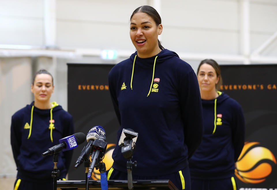 Liz Cambage of the Opals speaks to the media during a Basketball Australia media opportunity with the Australian Opals at Melbourne Sports and Aquatic Centre on July 01, 2020 in Melbourne, Australia.