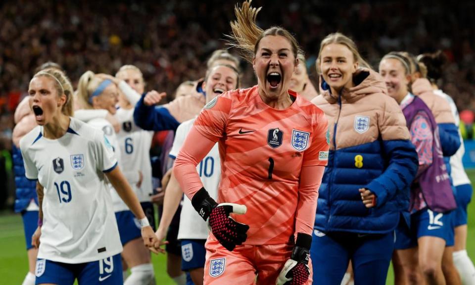 Mary Earps celebrates following the penalty shootout at Wembley.